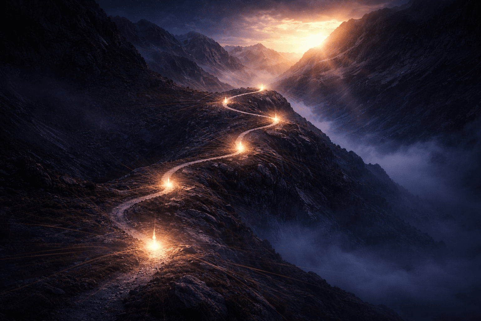 Winding mountain path with four glowing waypoints leading toward a high pass lit by golden light Quantum Awareness