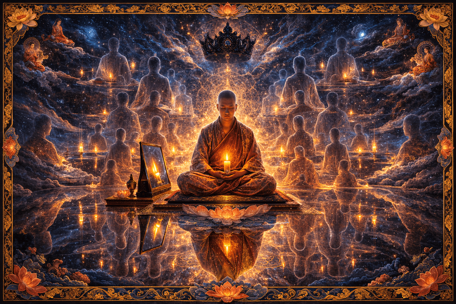 The illusory body yoga of Tibetan Buddhism — Gyulü practice from the Six Dharmas of Naropa, mirror and candle reflection, Karma Kagyu tradition, Quantum Awareness