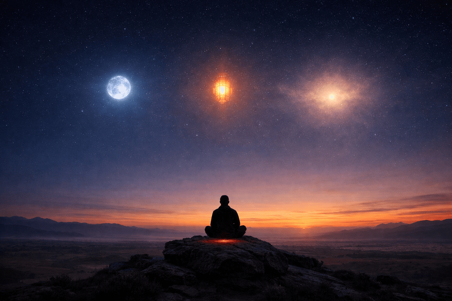 Lone figure meditating on a rocky outcrop at dusk beneath a vast indigo sky with three glowing lights above. Refuge Quantum Awareness