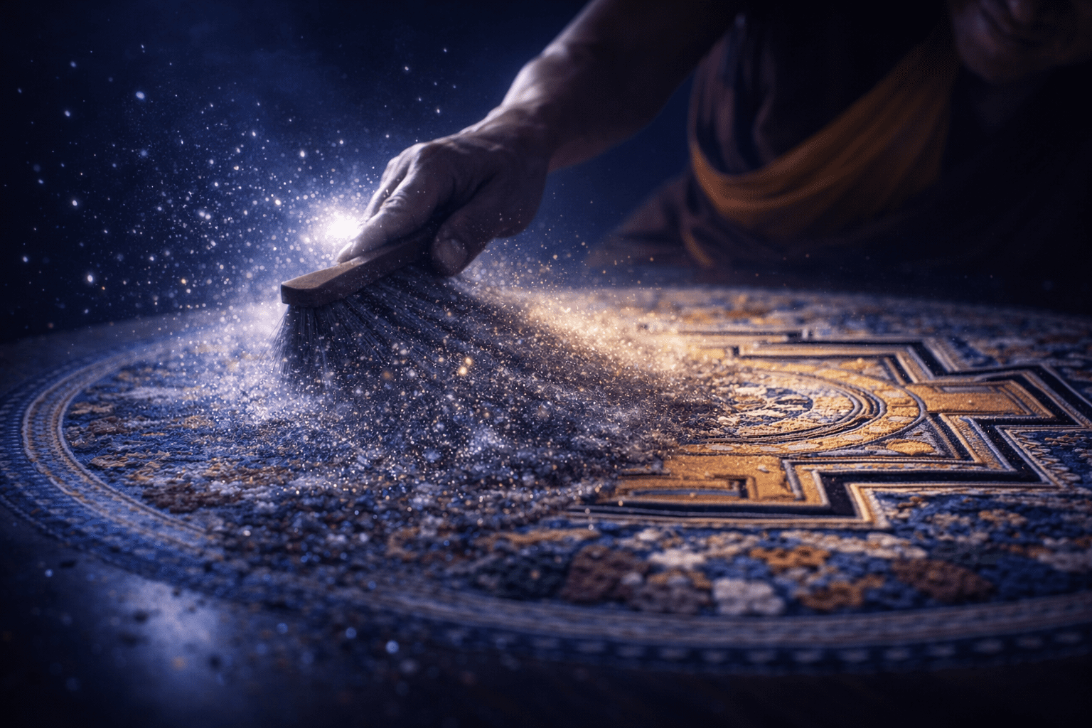 What is impermanence? A monk sweeps away a sand mandala in a cinematic moment of impermanence, beauty, and completion illuminated by golden light. Quantum Awareness