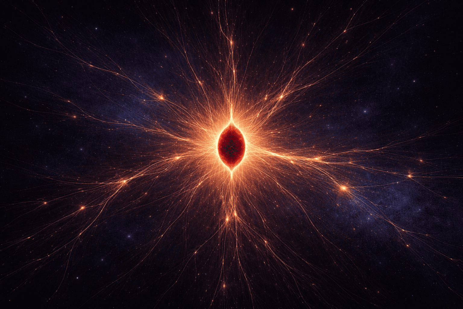 Karma Glowing karmic seed in deep space with golden threads connecting to distant points of light Quantum Awareness