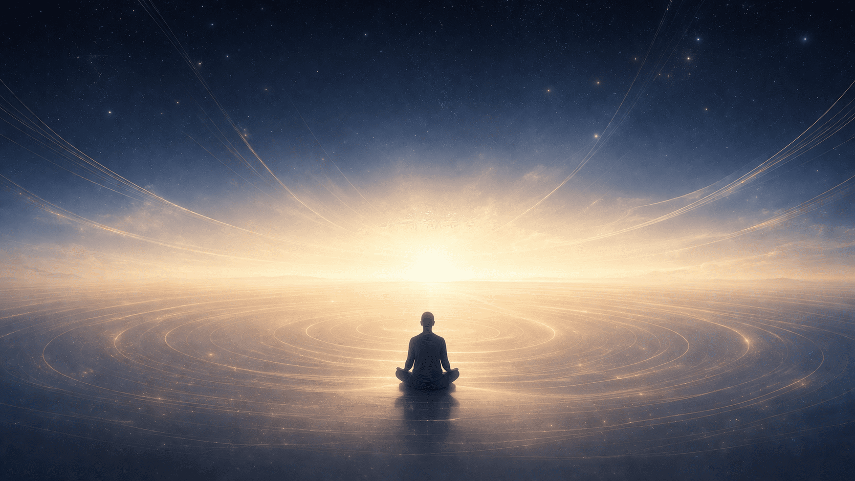 A meditating figure in silhouette seated before a vast luminous horizon, pale gold light dissolving into deep indigo space — breath meditation for beginners