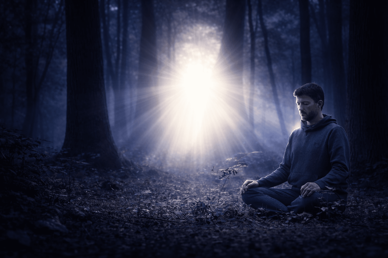 A meditating figure seated beneath ancient trees, deep indigo forest bathed in pale white-yellow light radiating from between the trunks — meditation posture in nature