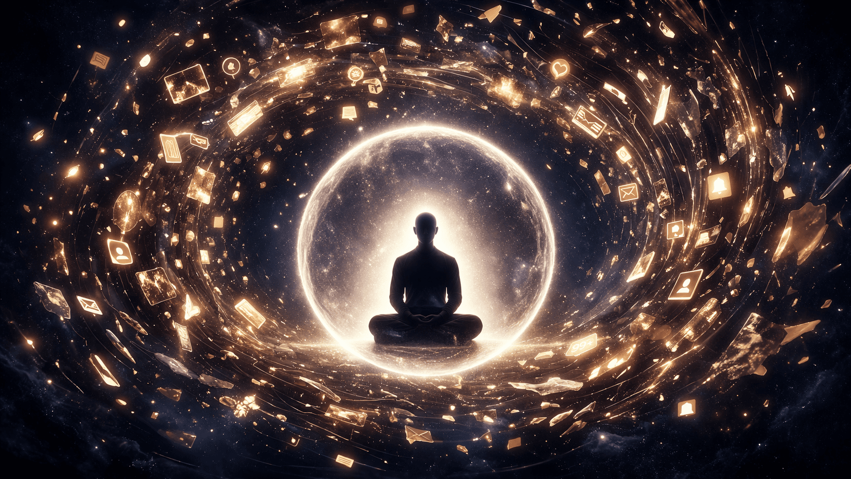A meditating figure surrounded by a swirling orbit of obstacles and distraction rendered as gold light fragments, sitting in perfect stillness at the centre — how to focus in meditation