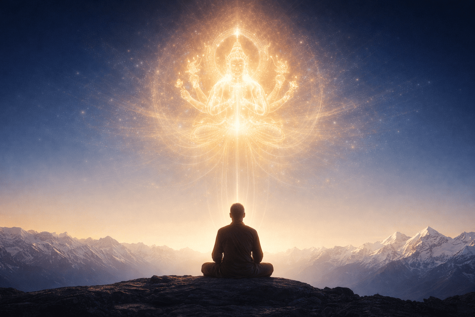 kyerim generation phase tibetan buddhist meditation — meditator receiving light from deity form on himalayan plateau