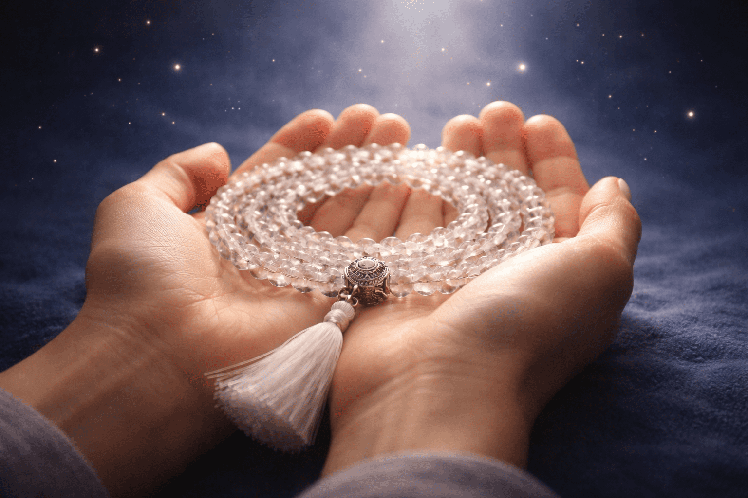 how to use a mala A crystal mala of 108 translucent beads resting in open hands, pale yellow light refracting through each bead against deep indigo — Buddhist mala meditation practice
