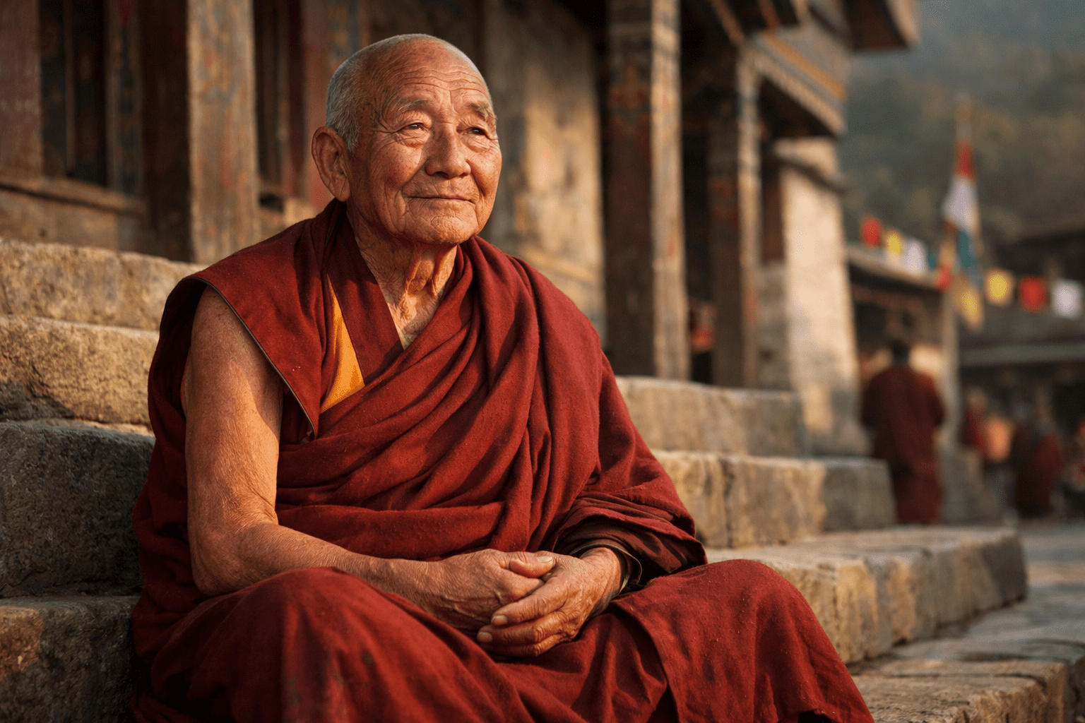 An elderly monk sitting in stillness on monastery steps — the paramita of patience, kṣānti