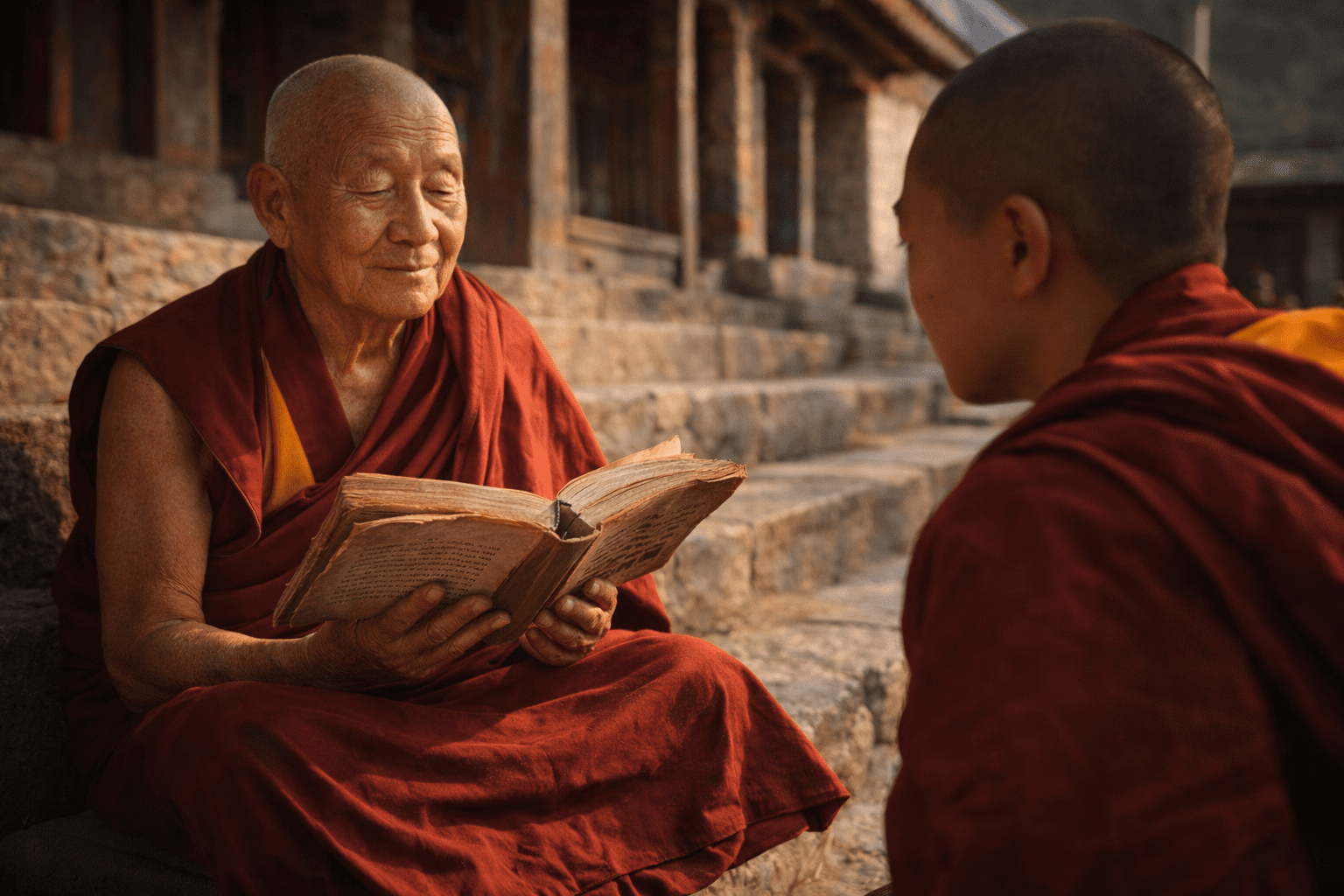 An elderly monk with open text, a younger monk listening — the paramita of wisdom, prajñā