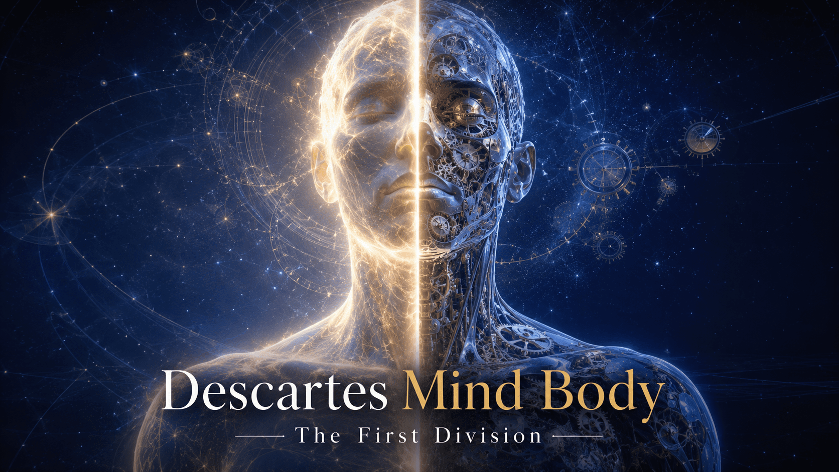 Descartes mind body split — a human figure divided into luminous mind and mechanical body, Cartesian dualism made visible. The advent of Cartesian dualism that asks res cogitans or the body as temple?