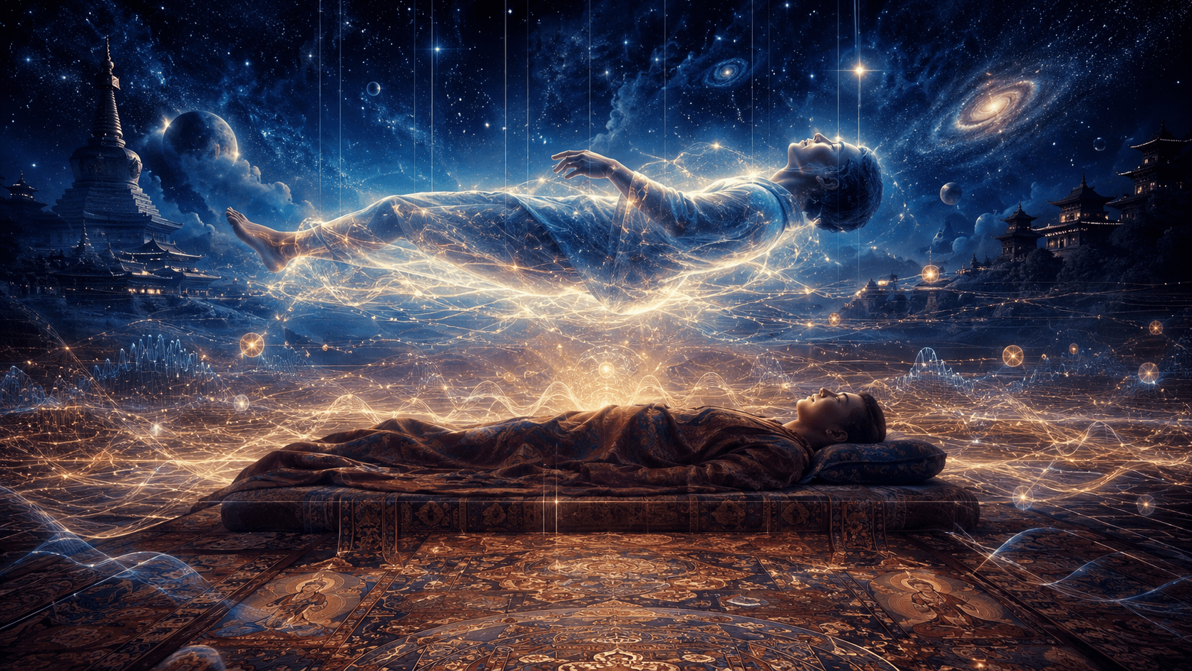 A dreamer floating above their sleeping body in a luminous dreamscape — lucid dreaming and Tibetan dream yoga