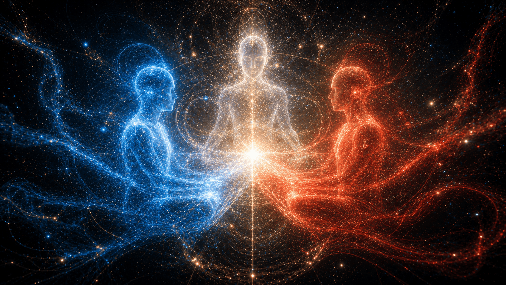 The three kayas pictured as three bodies of light — Dharmakaya, Sambhogakaya, and Nirmanakaya