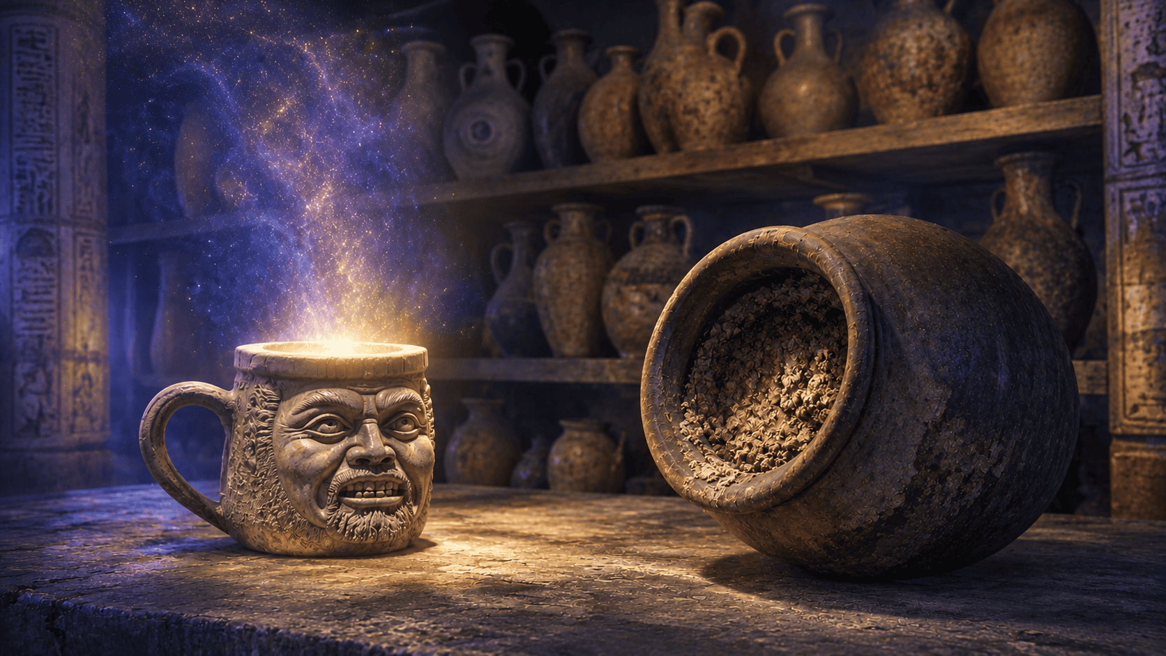 A Bes mug and a Roman storage jar before a shelf of untested vessels — the Villa Vesuvio apothēkē