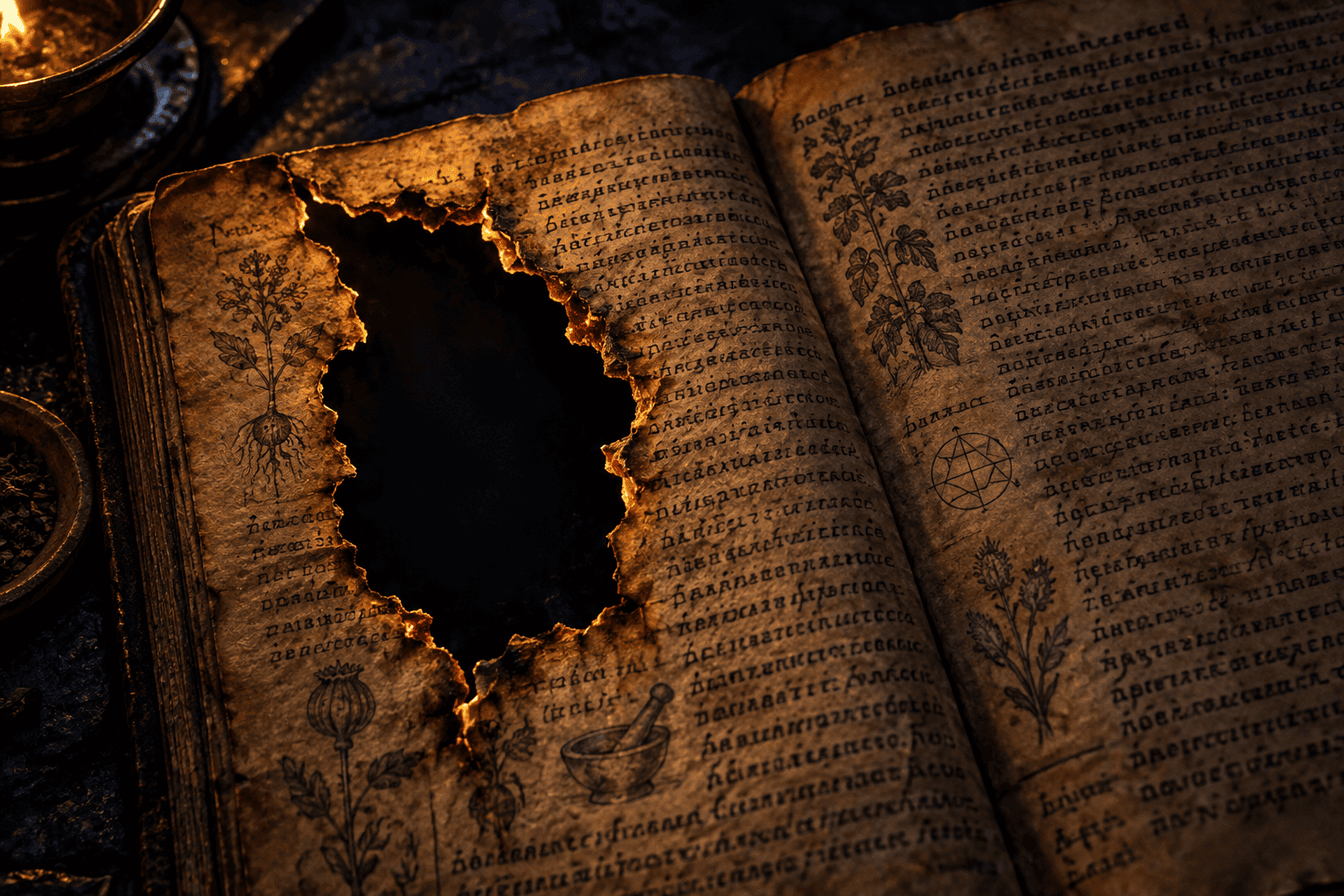 A burned gap in an ancient manuscript — ancient pharmacology suppression made visible as an absence in the text