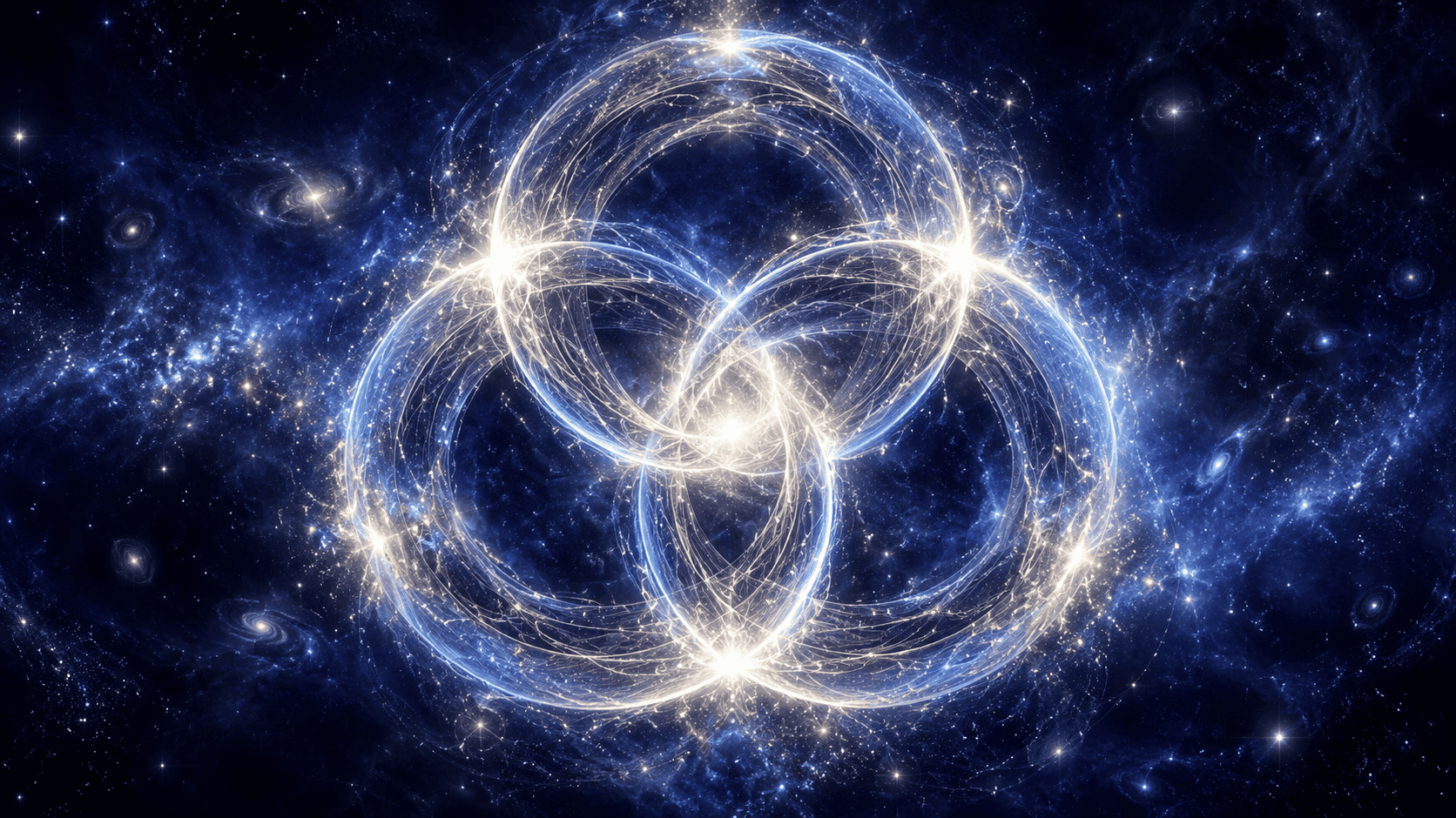 Happy mind happy life: three interlocking rings of light forming one mandala of lasting joy meditation showing the equation of c=e=mc2