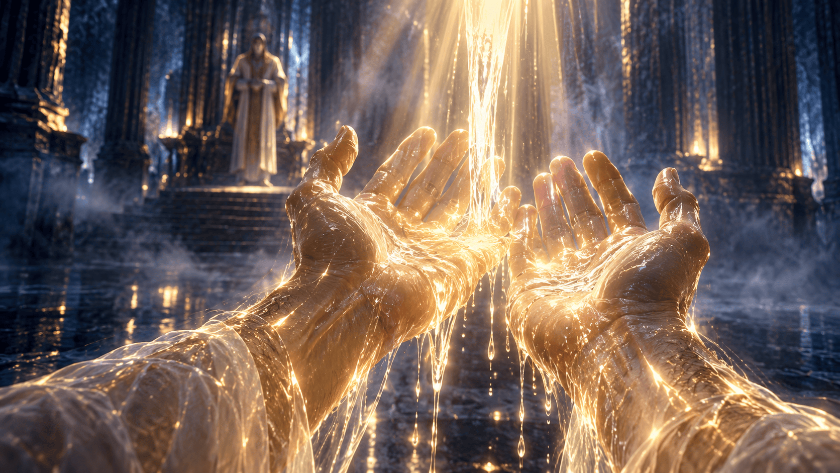 2 Enoch and the anointing oil: a pair of open hands under a stream of glowing oil-like light, the hands slightly translucent